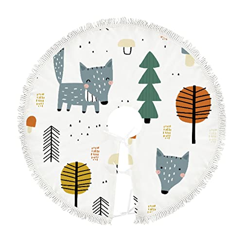 Small Christmas Tree Skirt Woodland Wolf and Trees,30 Inch Tree Skirt for Christmas Holiday Party Decoration,Rustic Tree Skirts Mat Home Indoor Outdoor Ornaments