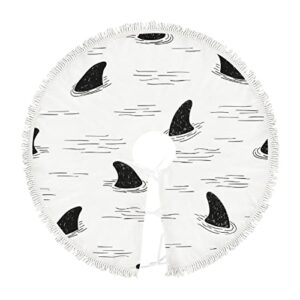 small christmas tree skirt shark black and white doodle,30 inch tree skirt for christmas holiday party decoration,rustic tree skirts mat home indoor outdoor ornaments