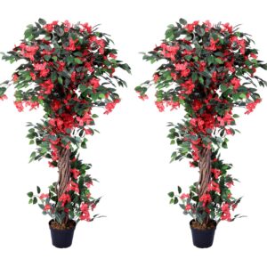 Pair AMERIQUE Gorgeous 5 Feet Blooming Artificial Bougainvillea Tree with Flowers & Real Wood Trunks, with Nursery Pots, Feel Real Technology Red and Green