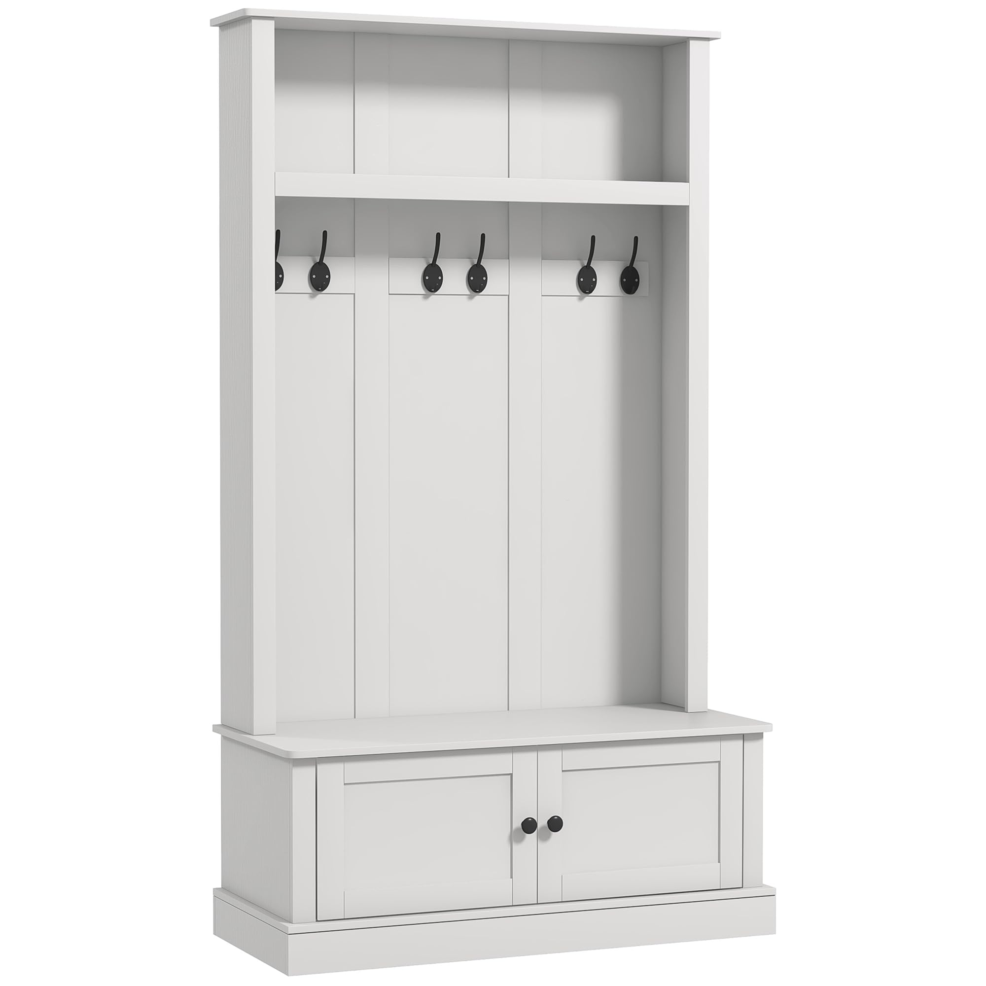 HOMCOM Freestanding Hall Tree, Entryway Bench with Coat Rack, Shoe Cabinet and Top Shelf, Mudroom Bench with Storage and Hooks for Hallway, White