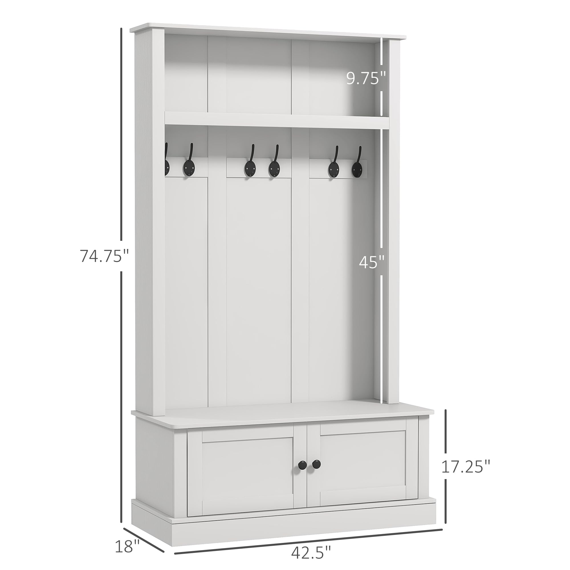 HOMCOM Freestanding Hall Tree, Entryway Bench with Coat Rack, Shoe Cabinet and Top Shelf, Mudroom Bench with Storage and Hooks for Hallway, White