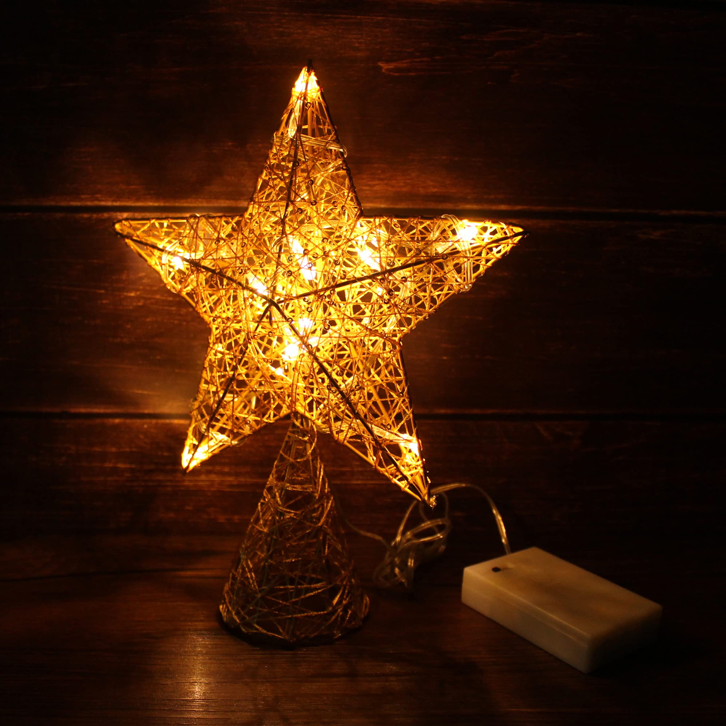 CVHOMEDECO. Gold Tree Top Star with Warm White LED Lights and Timer for Christmas Ornaments and Holiday Seasonal Décor, 8 x 10 Inch