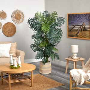 Nearly Natural 6.5ft. Golden Cane Artificial Palm Tree in Handmade Natural Cotton Multicolored Woven Planter