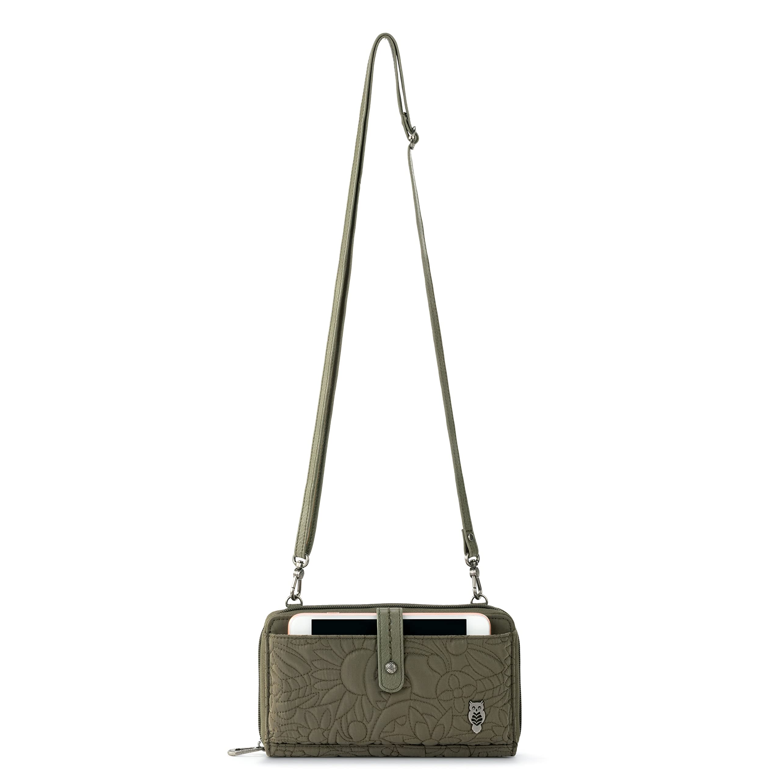 Sakroots Artist Circle Smartphone Crossbody in Eco Twill, Detachable Wristlet Strap, Quilted Olive Spirit Desert