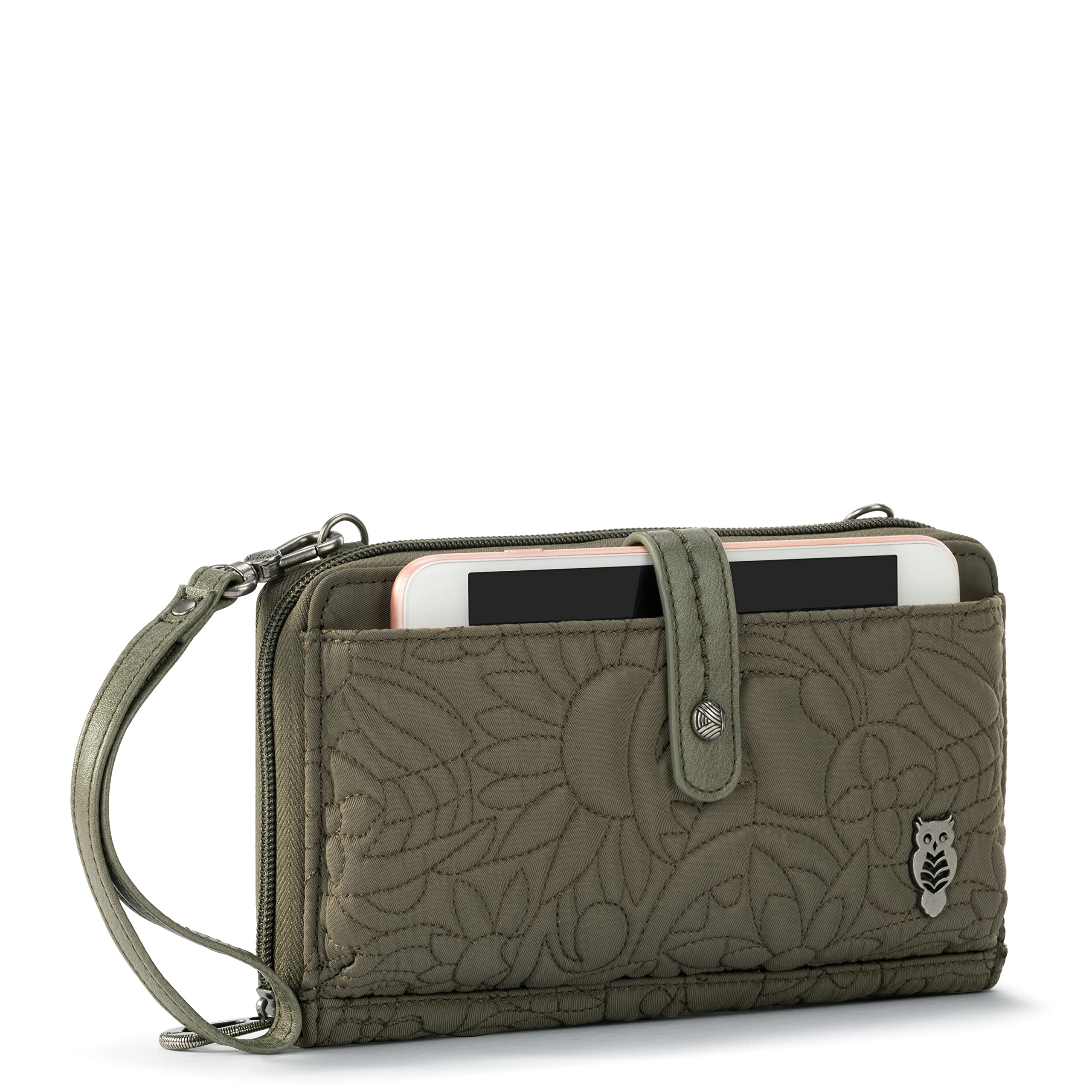 Sakroots Artist Circle Smartphone Crossbody in Eco Twill, Detachable Wristlet Strap, Quilted Olive Spirit Desert