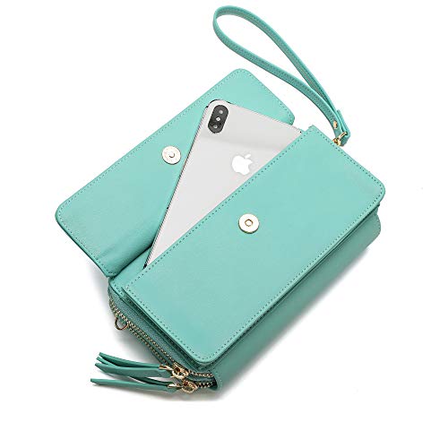 Crossbody Wallet Purse RFID Blocking CellPhone Small Shoulder Bag With Wristlet Strap For Women Ladies Girls Vegan Leather (Blue Green)