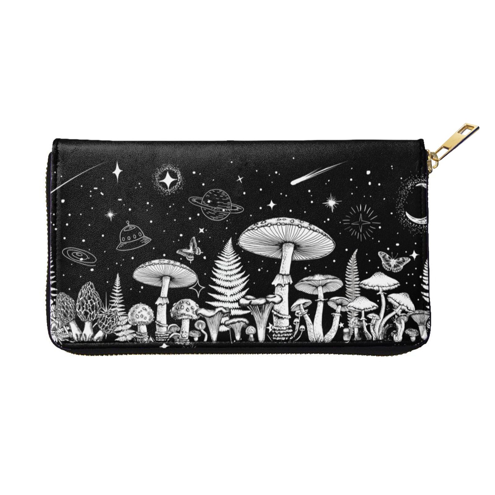 YISHOW Black White Mushroom Wallet Slim Thin Leather Purse Wallet With Zip Around Clutch Casual Handbag For Phone Key Credit Cards