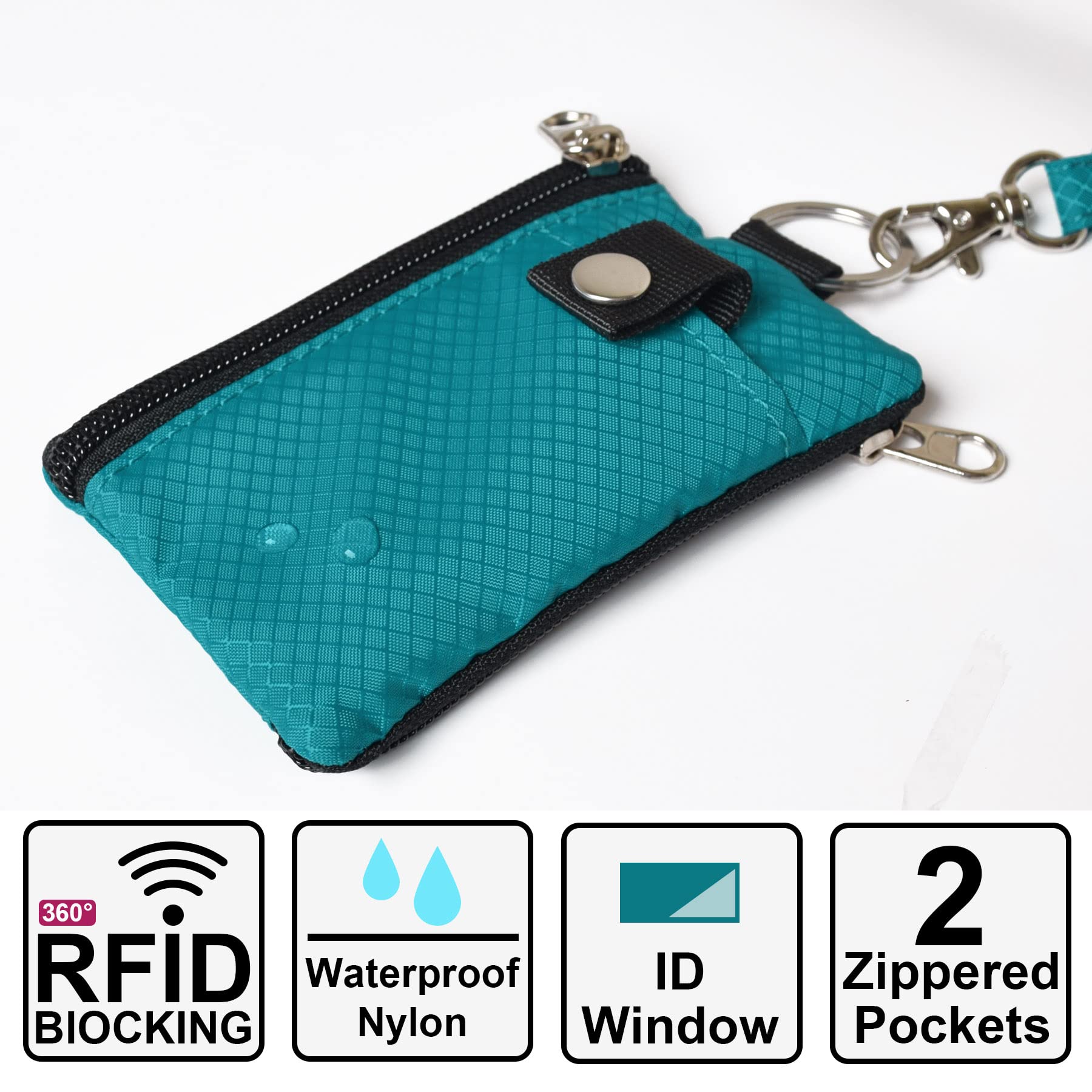 CHENSPRX Minimalist RFID Blocking Small Wallet with ID Window,WaterResistant Zip Id Case Wallet with Lanyard Keychain for Cards,Cash,Travel,Women,Men (Turquoise)