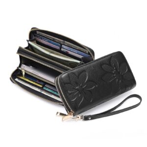 GOIACII Women's Wallet Large Capacity Double Zip Around Credit Card Holder Leather Ladies Wallet with RFID Blocking Phone Wristlet Purse Black