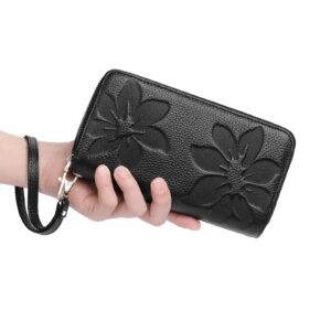 GOIACII Women's Wallet Large Capacity Double Zip Around Credit Card Holder Leather Ladies Wallet with RFID Blocking Phone Wristlet Purse Black