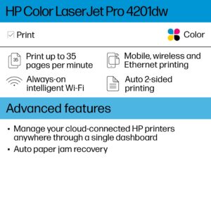 HP Color LaserJet Pro 4201dw Wireless Printer, Print, Fast speeds, Easy setup, Mobile printing, Advanced security, Best-for-small-teams, Instant Ink eligible