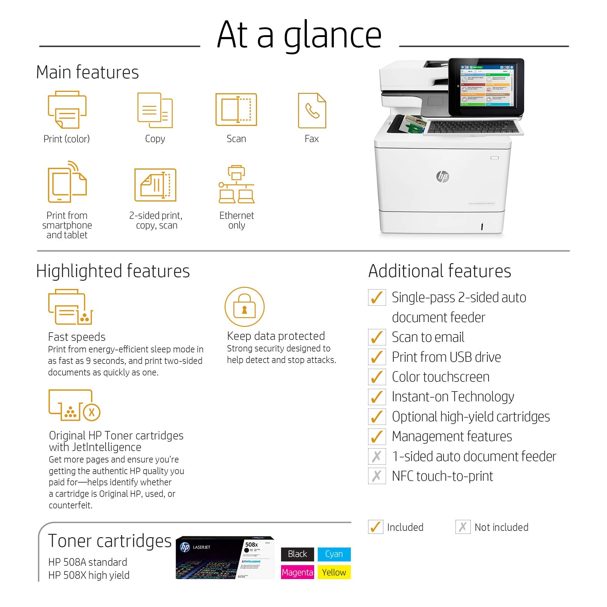 Renewed HP Color LaserJet Enterprise MFP M577c print copy scan fax B5L54A Advanced workflow features USB Network duplex With 90 Days Warranty