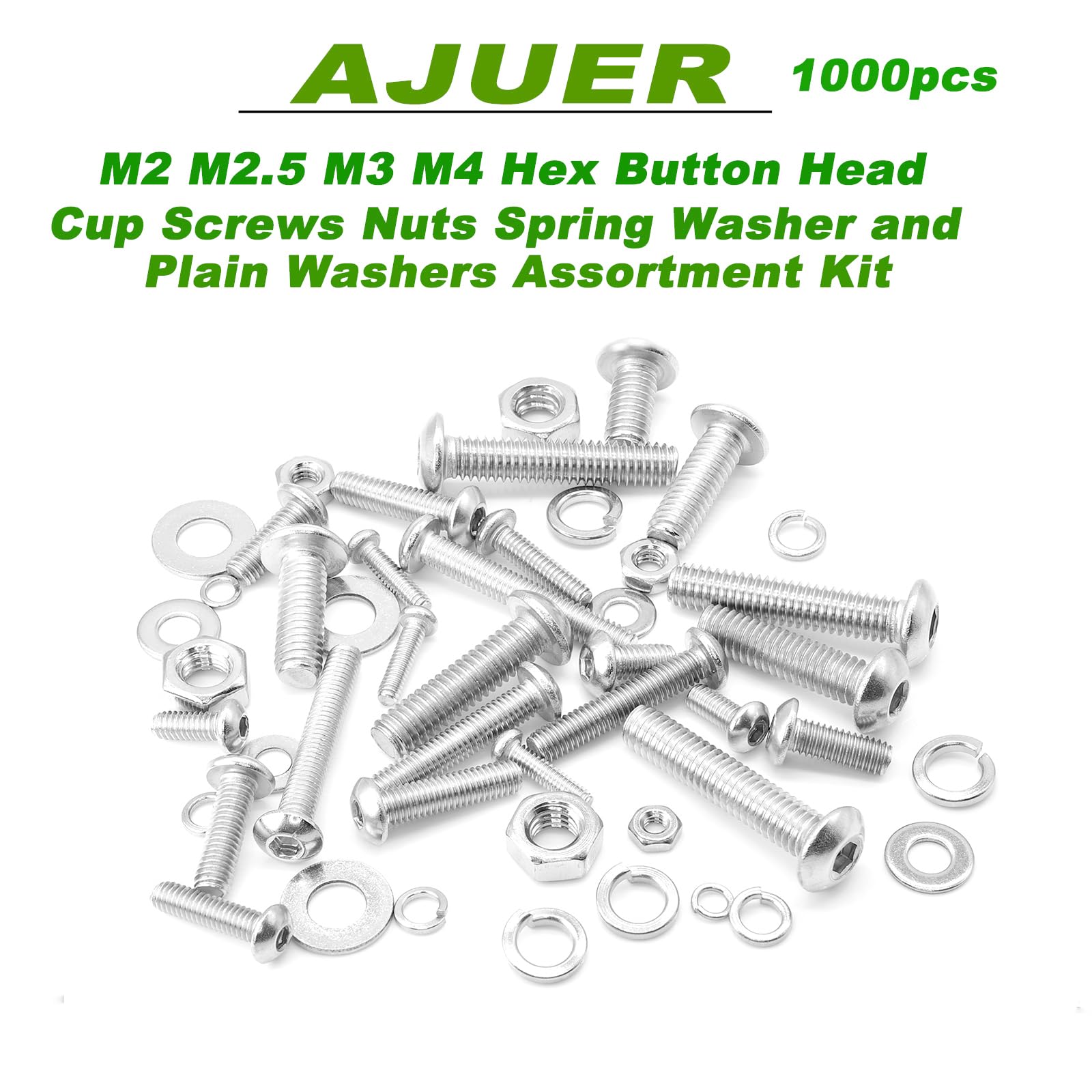 AJUER 1000pcs ISO7380 M2/M2.5/M3/M4 Button Head Socket Cap Screws, Bolts Nuts Washers Assortment Kit, 304 Stainless Steel Metric Screw Set, Small Bolts and Nuts Kit,