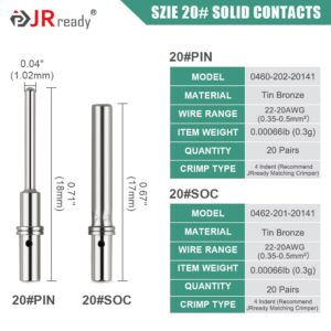 JRready Deutsch Connector Pins and Sockets Solid Contacts Size 20 - ST6282 20Pair Male Pins 0460-202-20141/ Female Pins 0462-201-20141, DTM Connector Terminals Wire Size 20-22AWG