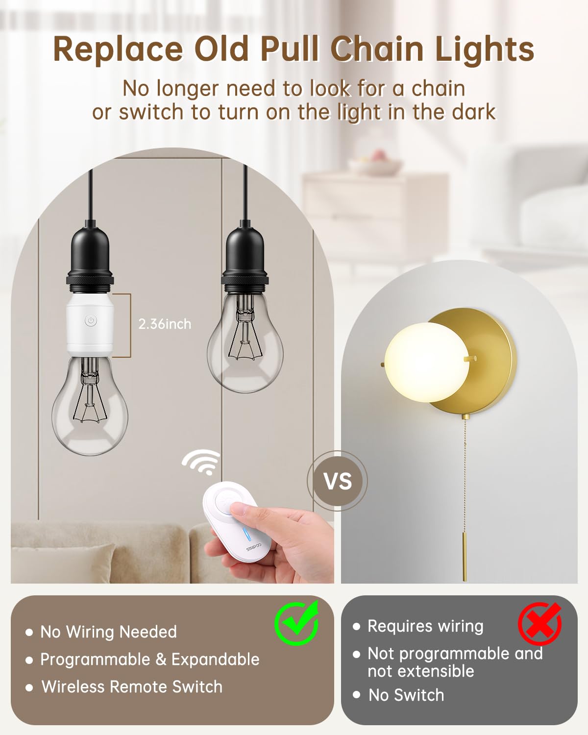 Remote Control Light Socket E26/E27 Bulb Base Holder, Wireless Light Switch for Pull Chain Light Fixtures, 300FT RF Range, No Wiring Wireless Light Switch for 500W Light Fixtures