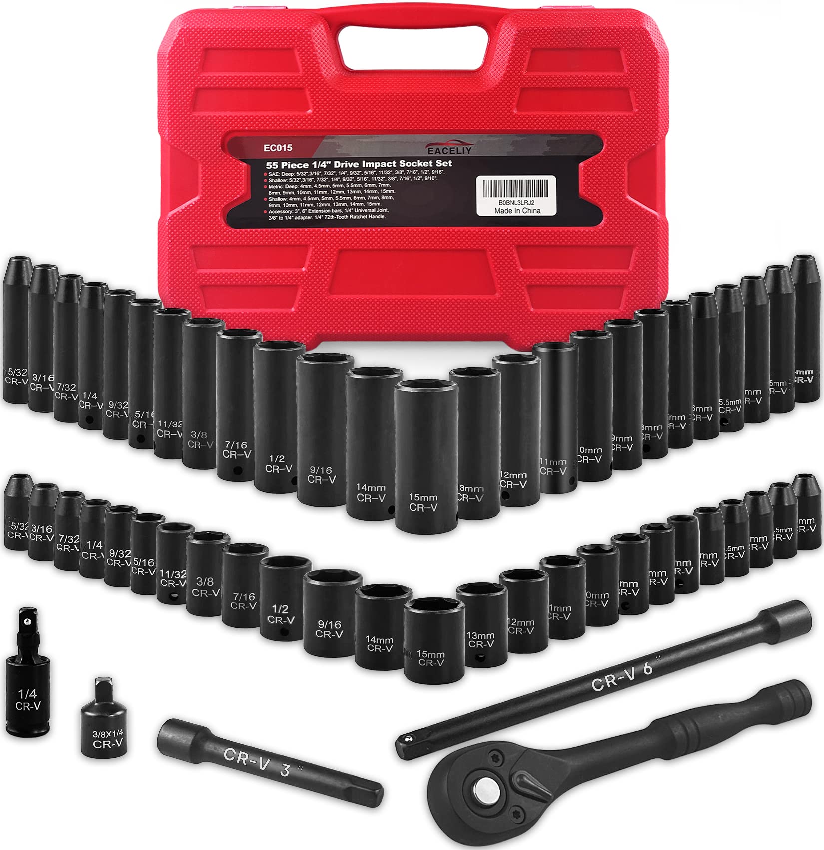 EACELIY 55pcs 1/4" Impact Socket Sets,SAE/Metric, Deep/Shallow, 6 Point，Cr-V Steel，(5/32"-9/16", 4-15mm) Sockets with 72 Tooth Ratchet，Extension bar，Universal Joint and Socket Adapter