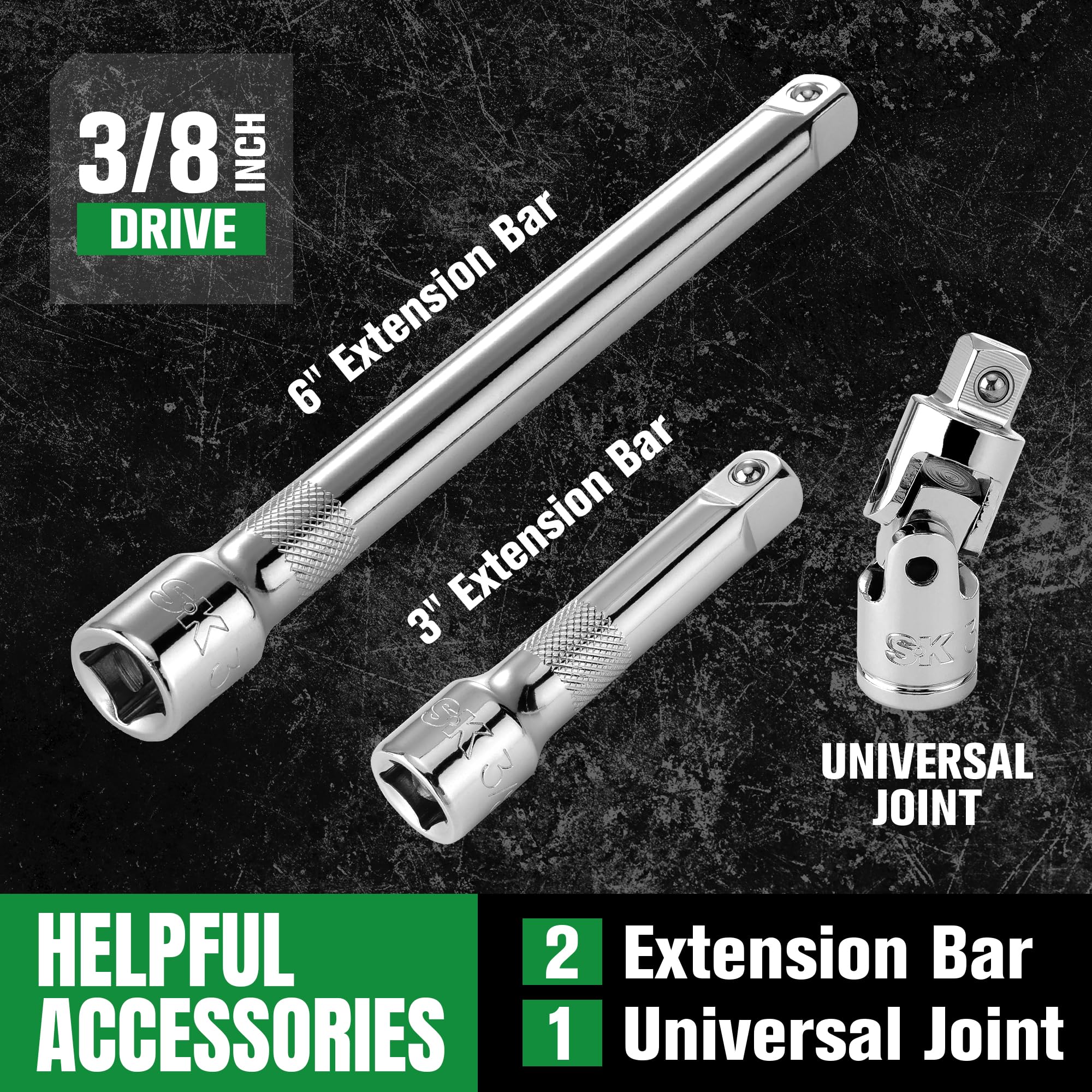 SK 3/8" Drive Socket Set with 160-P Ratchet, 56-Piece, SAE & Metric, SuperKrome Finish, Preminum CR-V Construction, with EVA Foam Tool Organizer