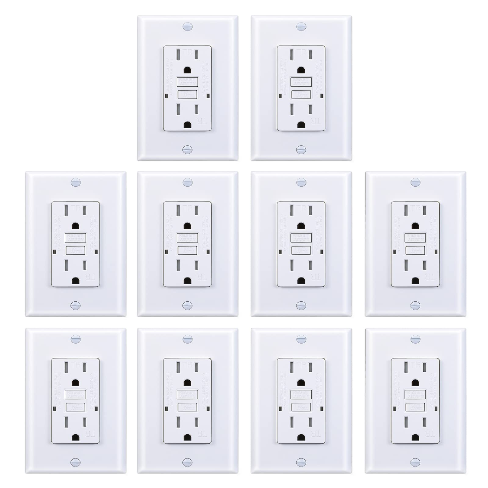 3GRACE 15 Amp GFCI Outlet, Tamper-Resistant GFI Receptacle with LED Indicator, Self-Test Ground Fault Circuit Interrupter, Decorator Wall Plates and Screws Included, UL Listed, White (10 Pack)