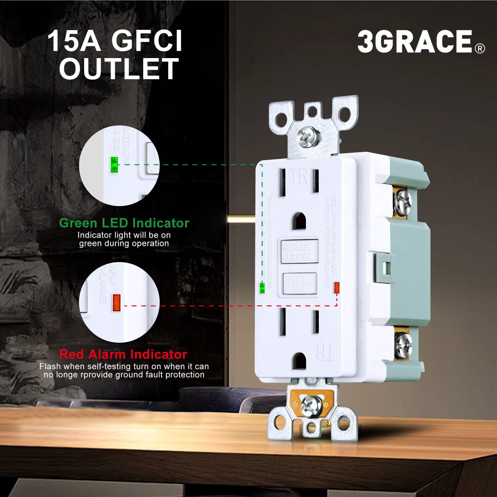 3GRACE 15 Amp GFCI Outlet, Tamper-Resistant GFI Receptacle with LED Indicator, Self-Test Ground Fault Circuit Interrupter, Decorator Wall Plates and Screws Included, UL Listed, White (10 Pack)