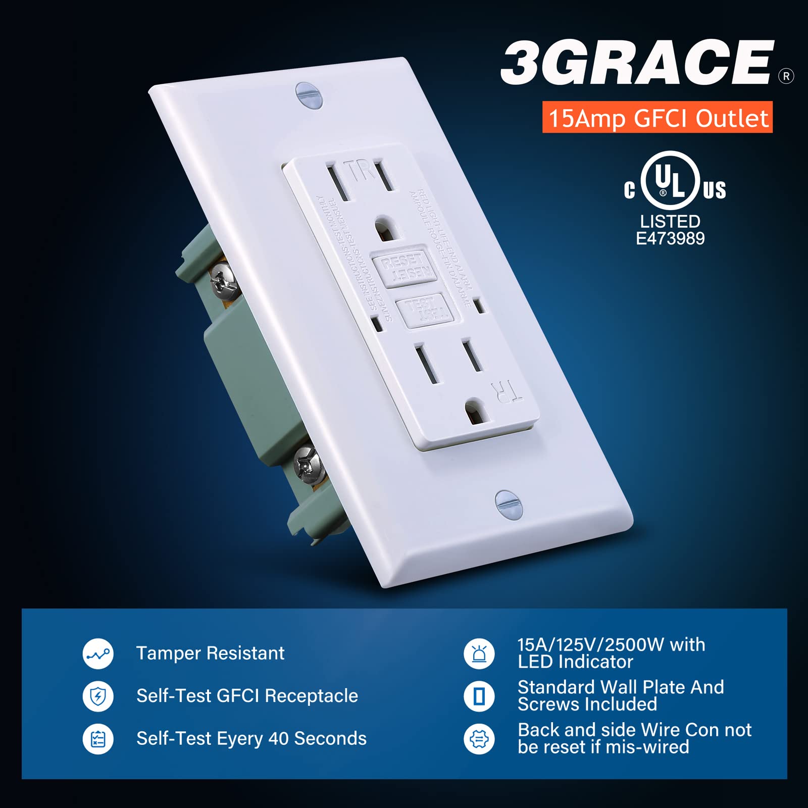 3GRACE 15 Amp GFCI Outlet, Tamper-Resistant GFI Receptacle with LED Indicator, Self-Test Ground Fault Circuit Interrupter, Decorator Wall Plates and Screws Included, UL Listed, White (10 Pack)