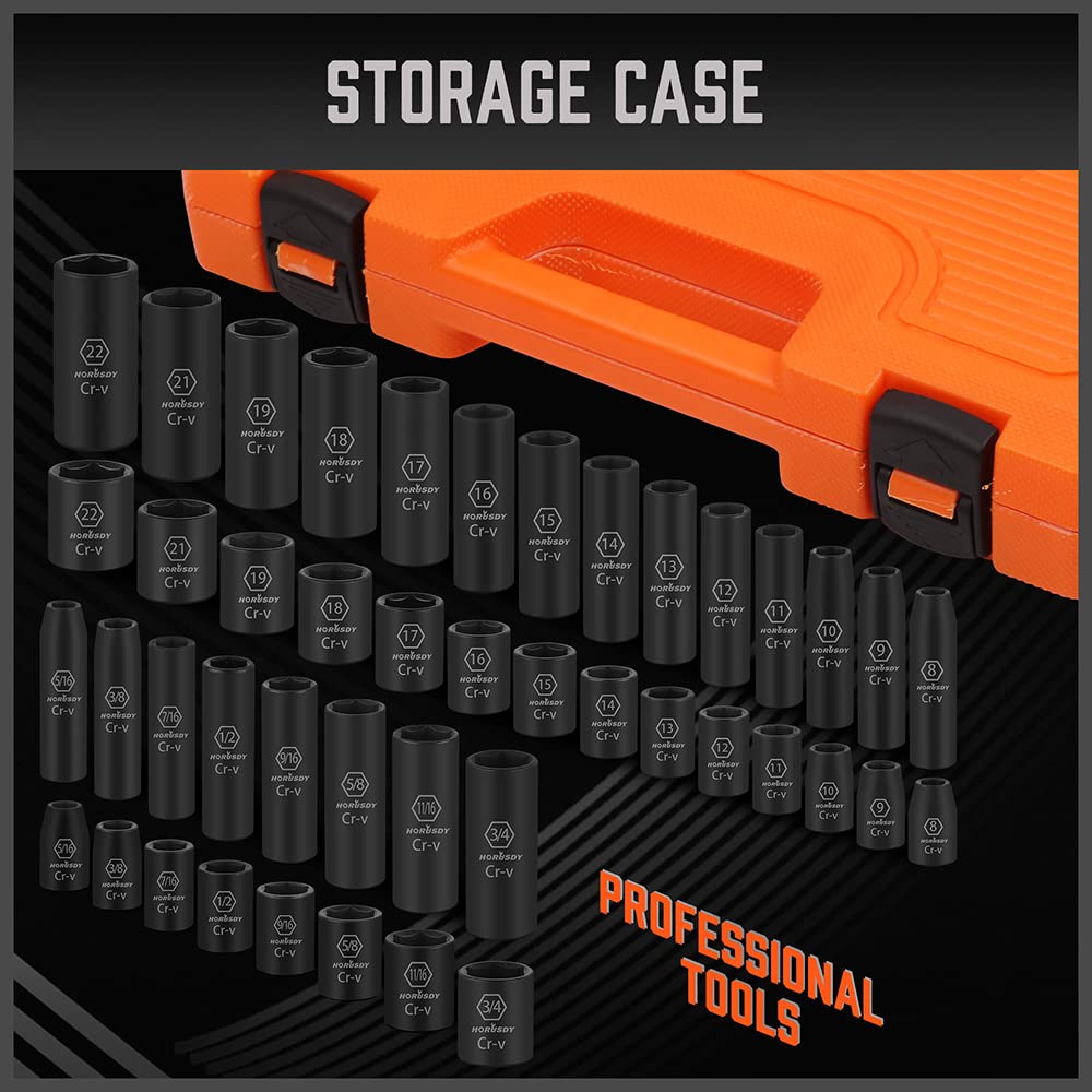 HORUSDY 3/8" Drive Impact Socket Set, 50-Piece Standard SAE (5/16 to 3/4 inch) and Metric (8-22mm) Size, 6 Point, Cr-V, 3/8-Inch Drive Ratchet Handle, Drive Extension Bar, Impact Universal Joint