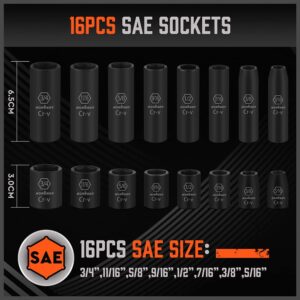 HORUSDY 3/8" Drive Impact Socket Set, 50-Piece Standard SAE (5/16 to 3/4 inch) and Metric (8-22mm) Size, 6 Point, Cr-V, 3/8-Inch Drive Ratchet Handle, Drive Extension Bar, Impact Universal Joint