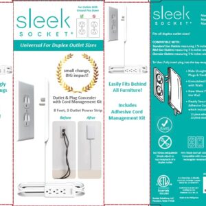 Sleek Socket - The Original & Patented Ultra-Thin Outlet Concealer with Cord Concealer Kit, 3 Outlet Power Strip, 8-Foot Cord, Universal Size, UL Certified (Ideal for Livingrooms & Bedrooms)