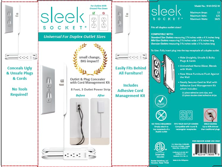 Sleek Socket - The Original & Patented Ultra-Thin Outlet Concealer with Cord Concealer Kit, 3 Outlet Power Strip, 8-Foot Cord, Universal Size, UL Certified (Ideal for Livingrooms & Bedrooms)