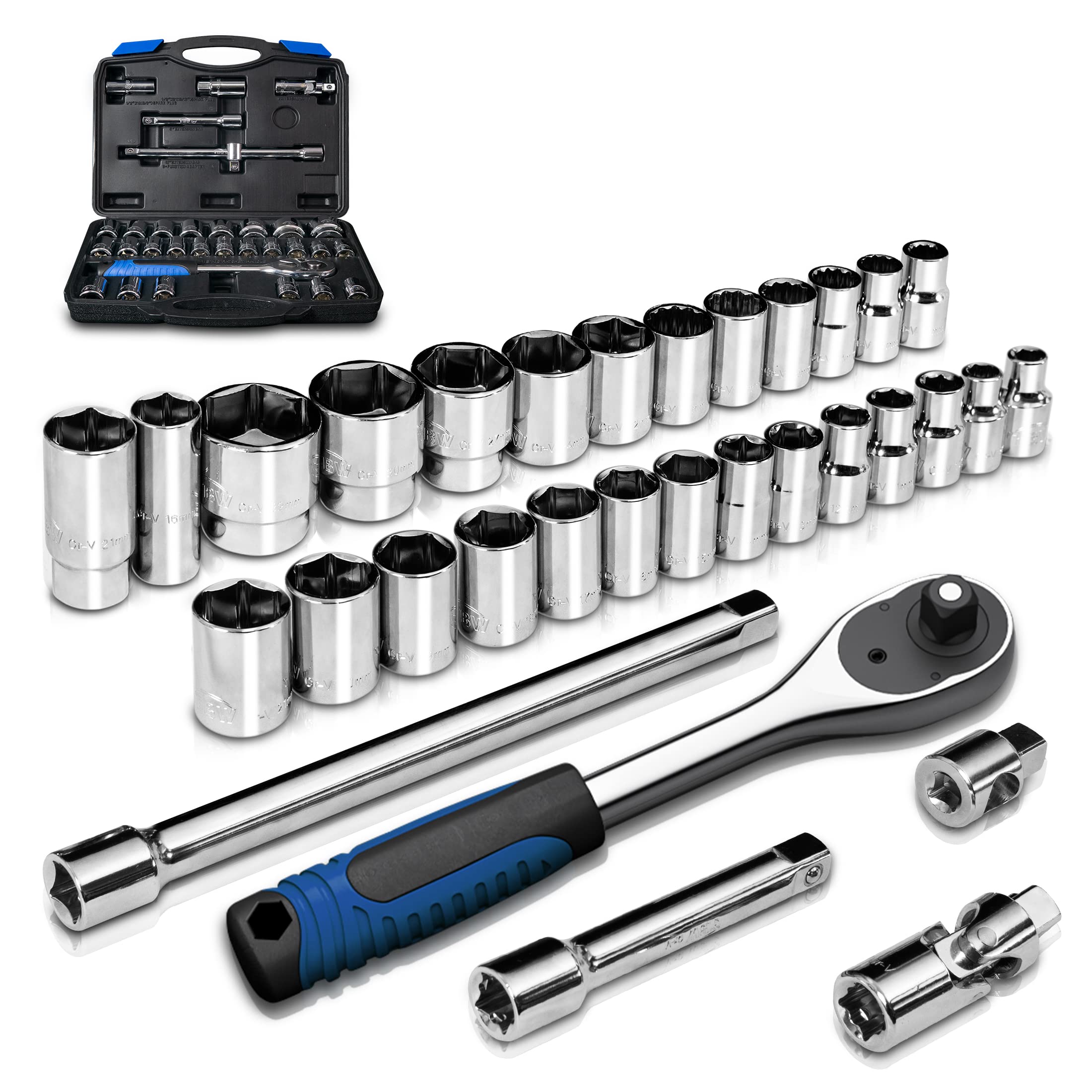 pgroup 1/2 inch Drive 8mm-32mm Metric socket set, 32-piece Mechanic Tool Socket Ratchet Wrench Set, for Auto Repairing & Household