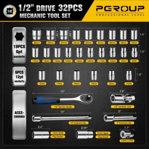 pgroup 1/2 inch Drive 8mm-32mm Metric socket set, 32-piece Mechanic Tool Socket Ratchet Wrench Set, for Auto Repairing & Household