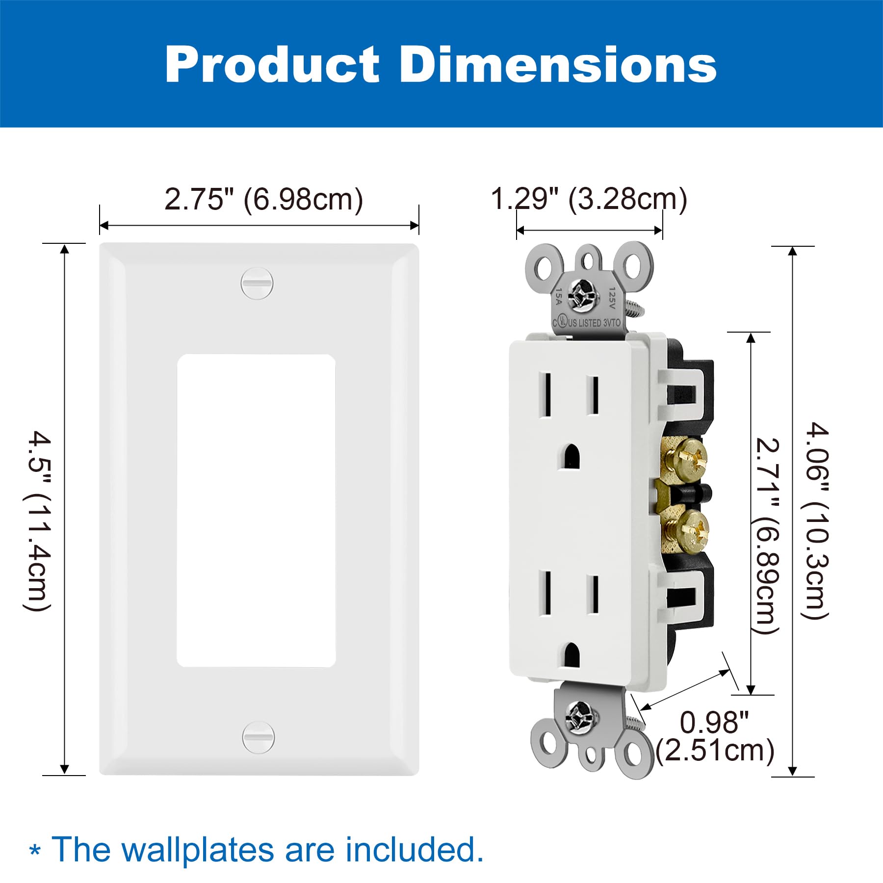 BESTTEN 30 Pack 15 Amp Decorator Receptacle Outlet, Decor Standard Electrical Wall Outlet, Residential and Commercial Use, 15A/125V/1875W, Wallplate Included, UL Listed, White