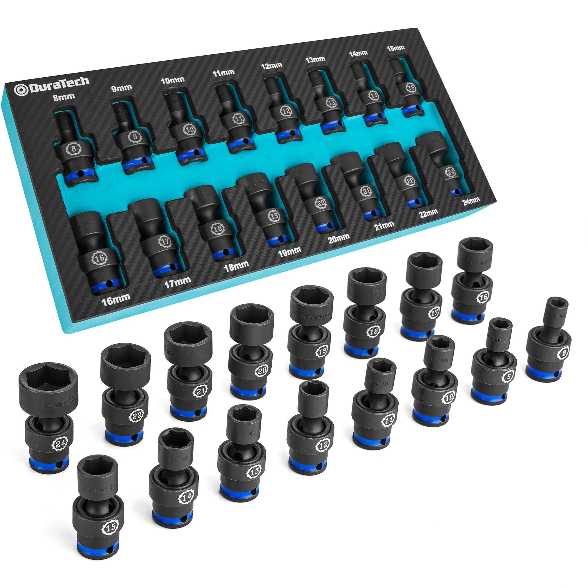 DURATECH 3/8" Drive Impact Universal Joint Socket Set, Swivel Socket Set, 16-Piece, Metric, 8-24MM, Cr-Mo Steel, Organized in EVA Foam Organizer