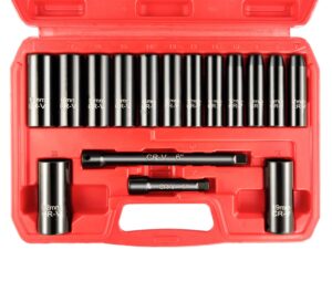 wett 3/8-inch drive deep impact socket set, 16 piece metric socket set, 6 point, cr-v steel, 7-22mm sockets with 3", 6" extension bar