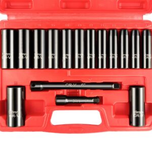 WETT 3/8-Inch Drive Deep Impact Socket Set, 16 Piece Metric Socket Set, 6 Point, Cr-V Steel, 7-22mm Sockets with 3", 6" Extension Bar