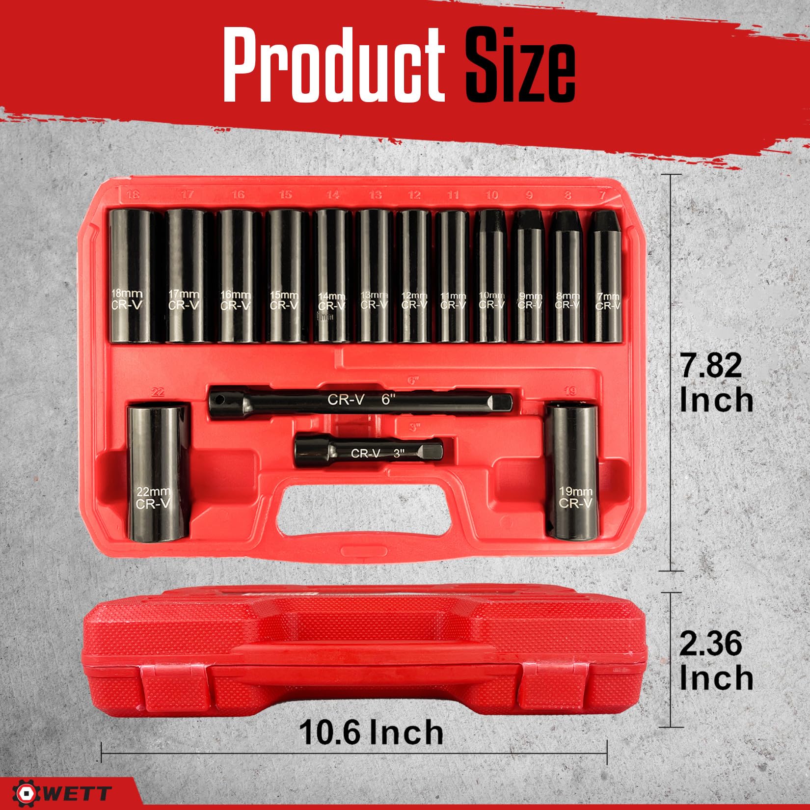 WETT 3/8-Inch Drive Deep Impact Socket Set, 16 Piece Metric Socket Set, 6 Point, Cr-V Steel, 7-22mm Sockets with 3", 6" Extension Bar