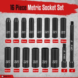 WETT 3/8-Inch Drive Deep Impact Socket Set, 16 Piece Metric Socket Set, 6 Point, Cr-V Steel, 7-22mm Sockets with 3", 6" Extension Bar