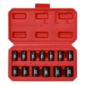 MIXPOWER 13 Pieces 3/8-Inch Drive Shallow Impact Socket Set, 7mm to 19mm, CR-V, Metric, 6 Point, Shallow, 13 Pieces 3/8" Dr. Socket