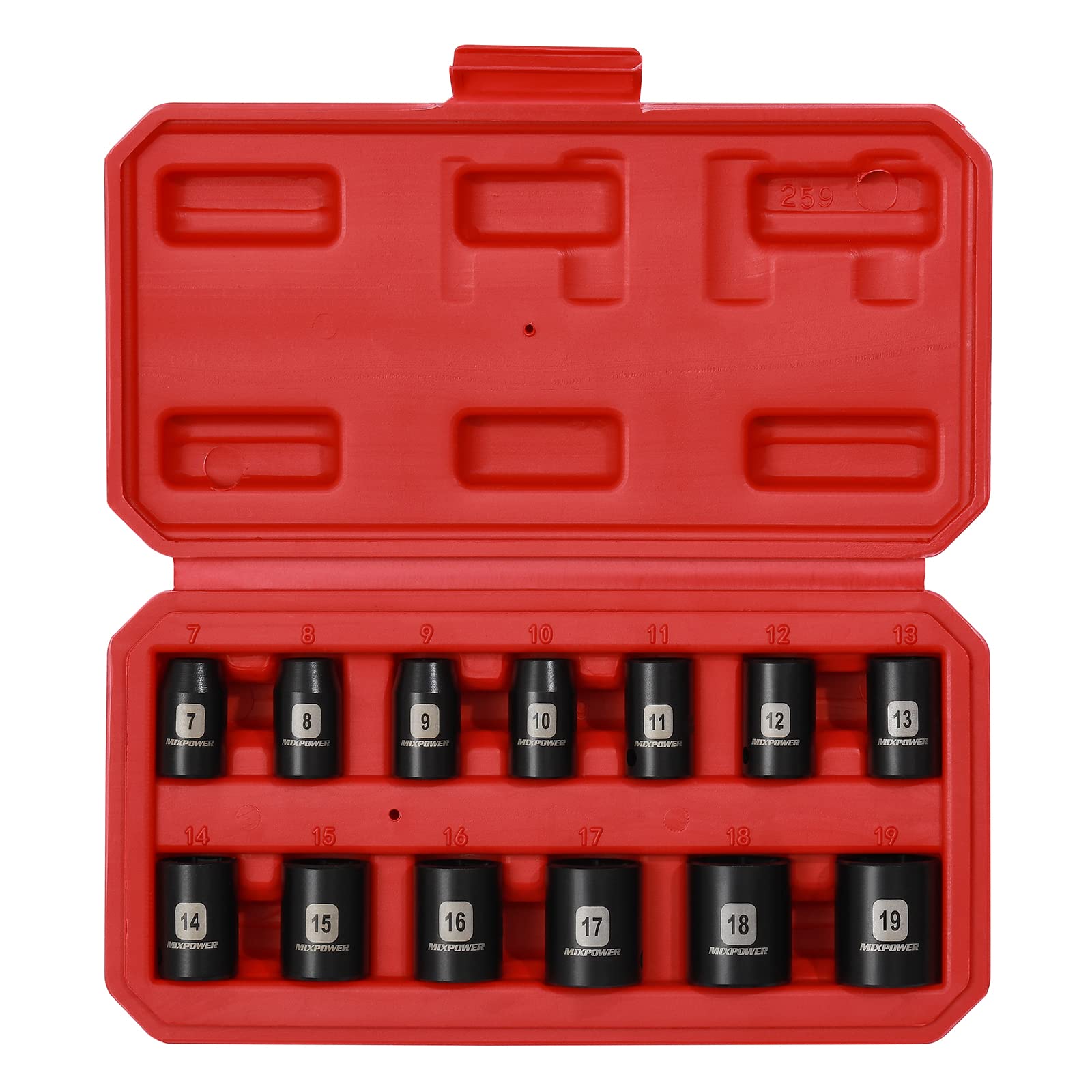 MIXPOWER 13 Pieces 3/8-Inch Drive Shallow Impact Socket Set, 7mm to 19mm, CR-V, Metric, 6 Point, Shallow, 13 Pieces 3/8" Dr. Socket