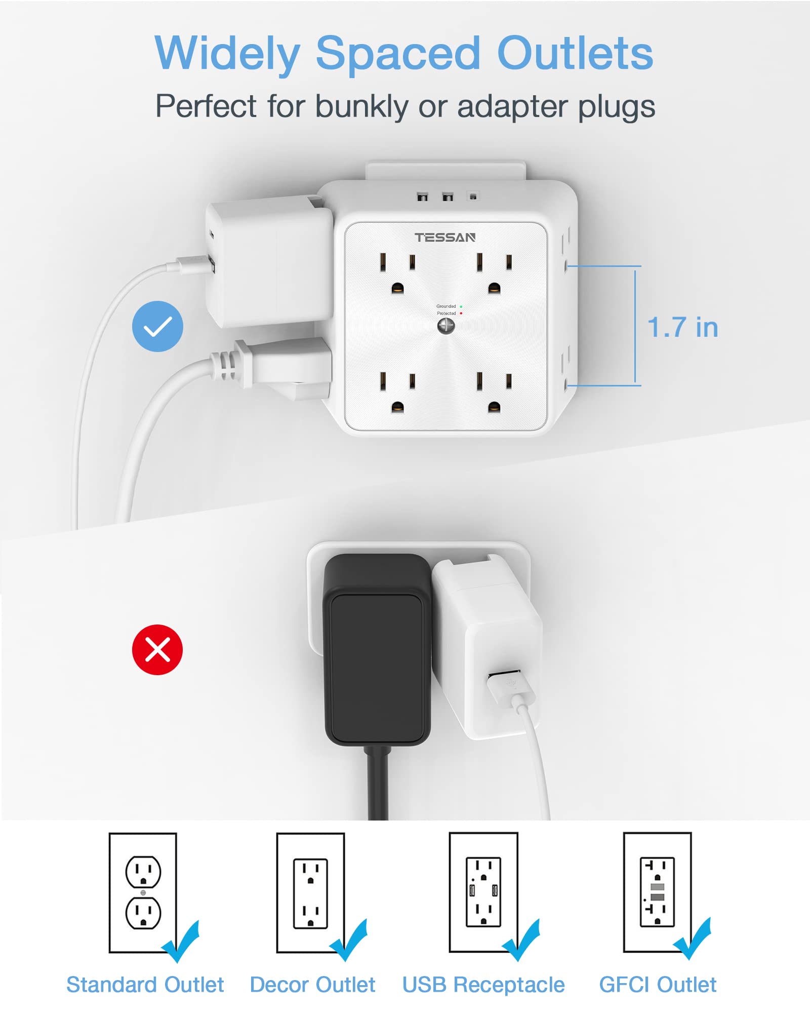 Surge Protector 8 Outlet Extender, TESSAN Multi Outlet Splitter with 3 USB Wall Charger (1 USB C Port), 3-Sided Multiple Plug Power Strip 1700J, USB Charging Station for Home Office Dorm Room