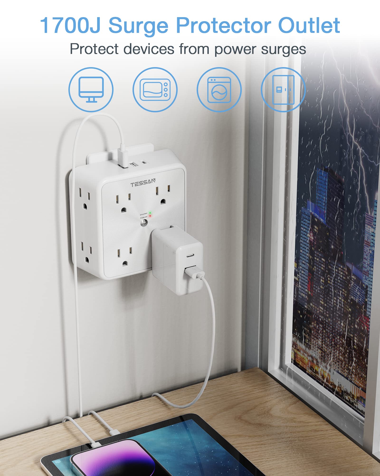 Surge Protector 8 Outlet Extender, TESSAN Multi Outlet Splitter with 3 USB Wall Charger (1 USB C Port), 3-Sided Multiple Plug Power Strip 1700J, USB Charging Station for Home Office Dorm Room