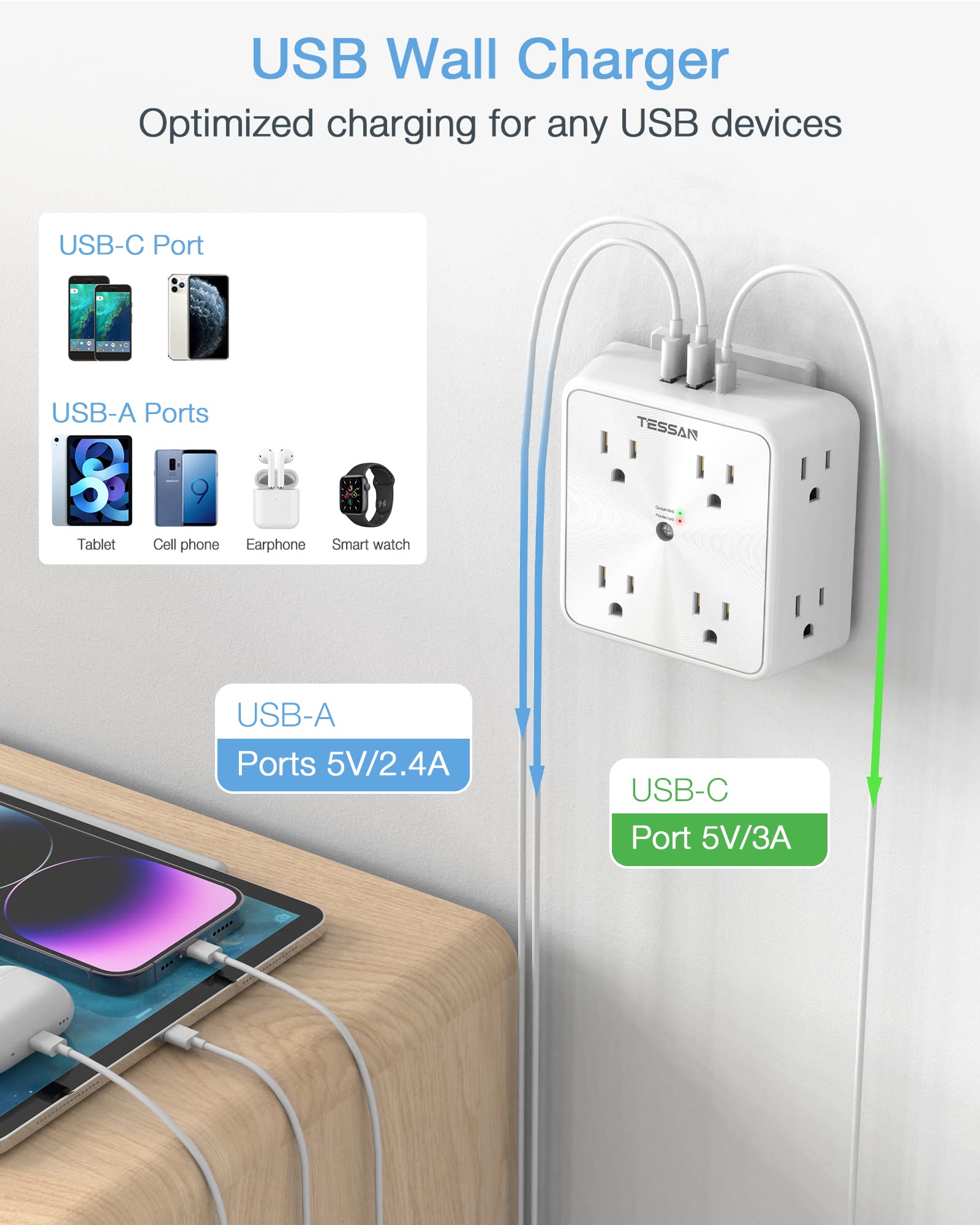 Surge Protector 8 Outlet Extender, TESSAN Multi Outlet Splitter with 3 USB Wall Charger (1 USB C Port), 3-Sided Multiple Plug Power Strip 1700J, USB Charging Station for Home Office Dorm Room