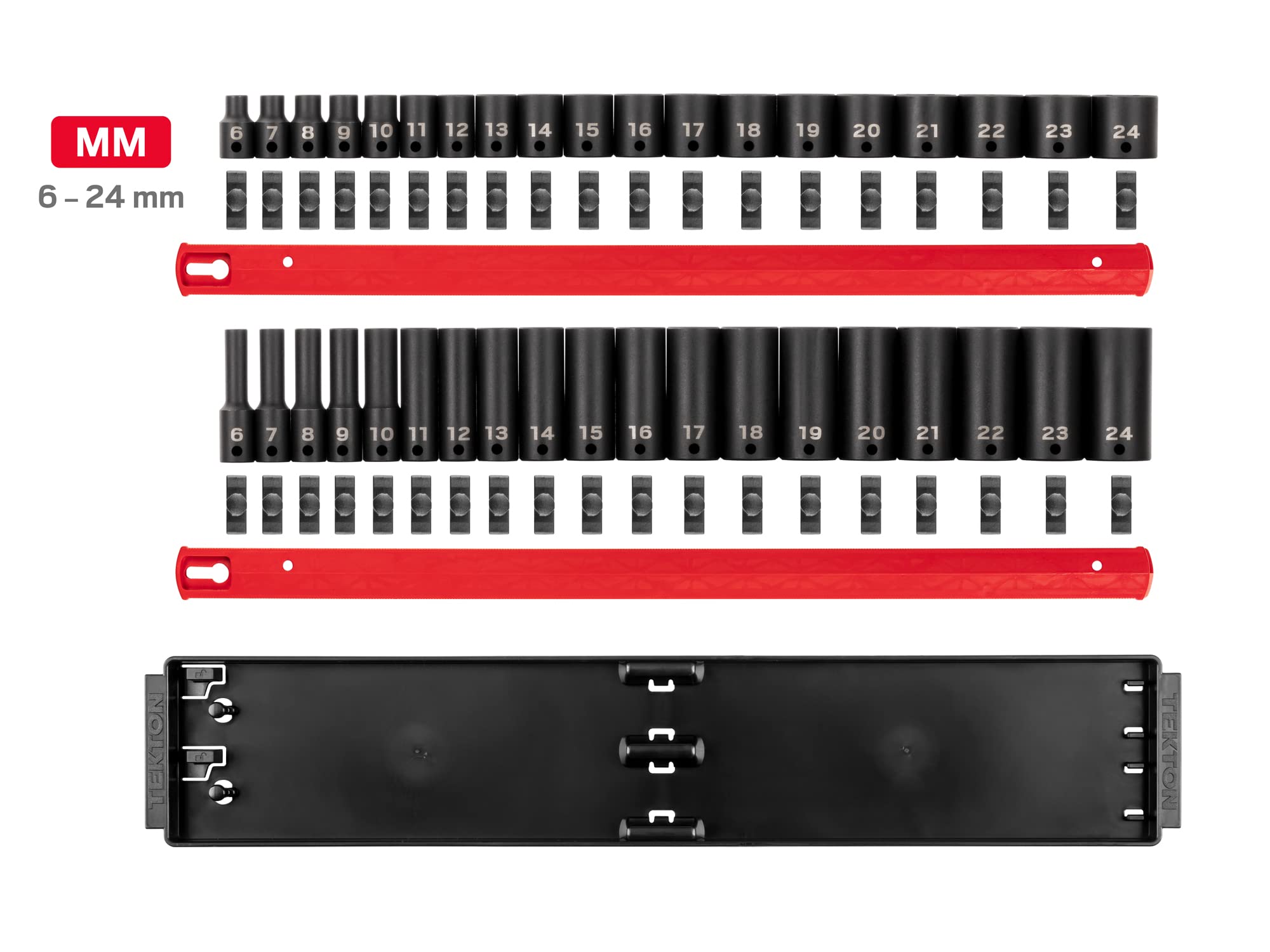 TEKTON 3/8 Inch Drive 6-Point Impact Socket Set with Rails, 38-Piece (6-24 mm) | SID91211