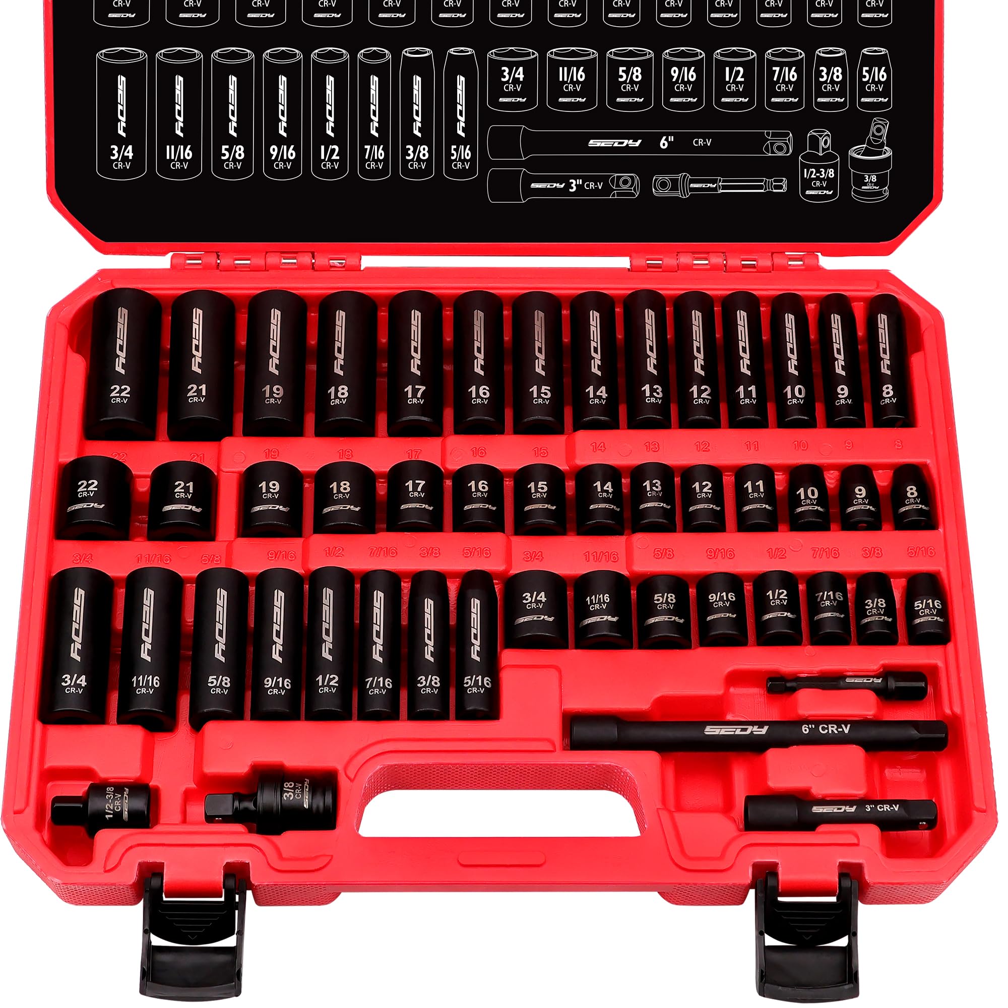 49-Piece SAE and Metric Impact Socket Set with Extension Bars - For High Durability Impact Wrench