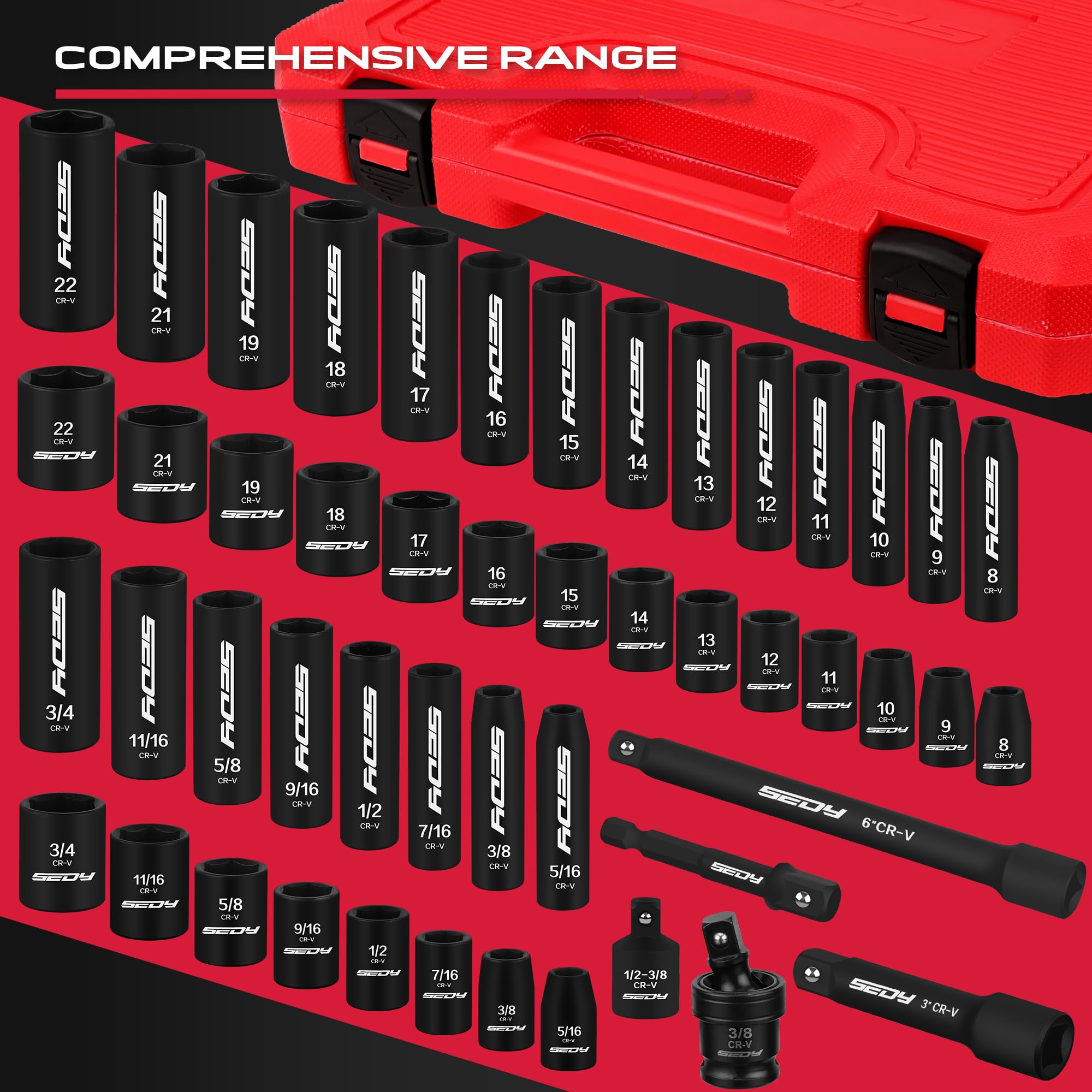 49-Piece SAE and Metric Impact Socket Set with Extension Bars - For High Durability Impact Wrench