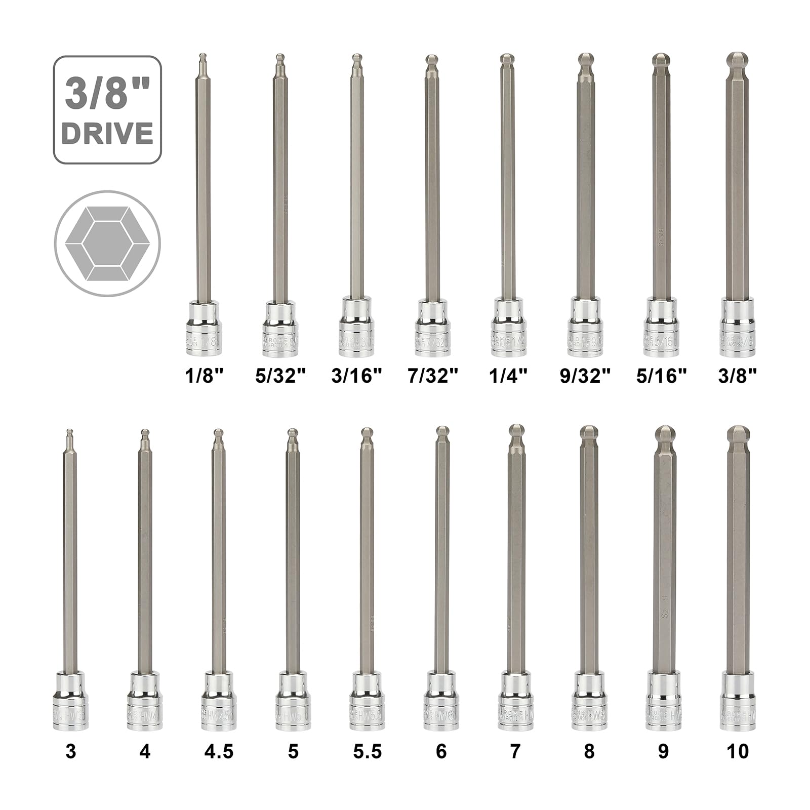 Mayouko 3/8" Drive Extra Long Ball-End Hex Bit Socket Set, 1/8"-3/8", 3-10mm, SAE&Metric, 5.9 Inch Length