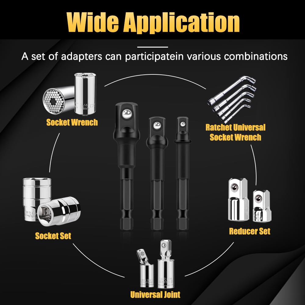 6PCS Impact Grade Socket Adapter Set, 1/4", 3/8", 1/2" Drive Drill Socket Adapter, Premium Cr-V Socket Driver Adaptor, Hex Shank Driver Socket Adapter for Cordless Drill, Screwdriver, Power Drill