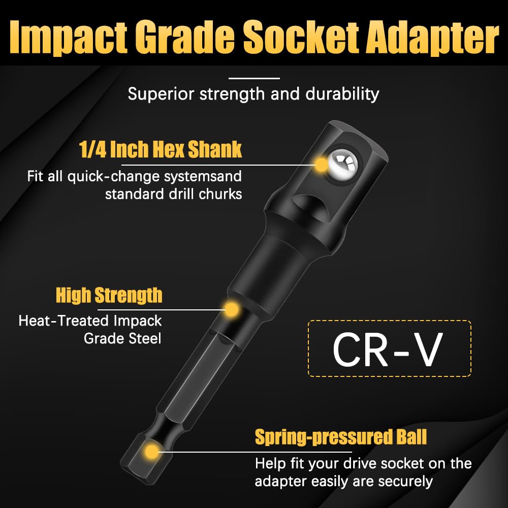 6PCS Impact Grade Socket Adapter Set, 1/4", 3/8", 1/2" Drive Drill Socket Adapter, Premium Cr-V Socket Driver Adaptor, Hex Shank Driver Socket Adapter for Cordless Drill, Screwdriver, Power Drill