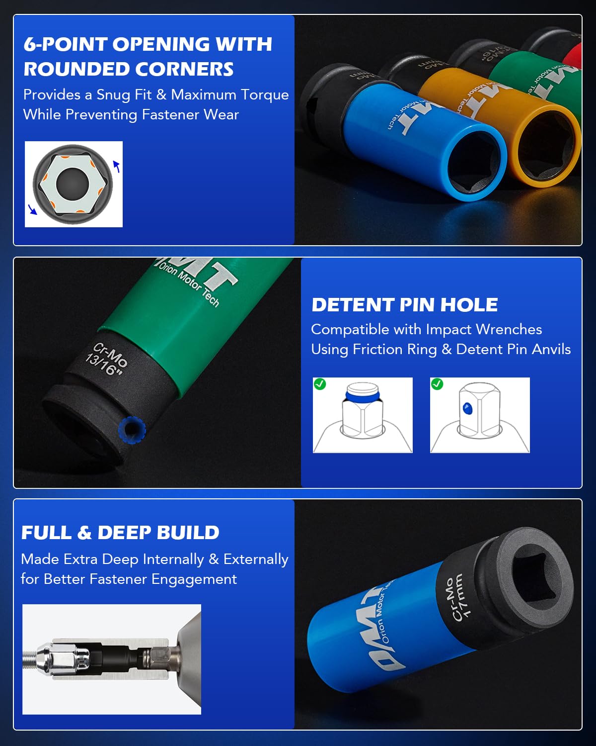 Orion Motor Tech 1/2" Drive Lug Nut Socket Set, Metric 17 19 21 mm & SAE 13/16 7/8 in. Wheel Socket Set, 5pc Impact Lug Nut Socket Set, Thin Wall Lug Nut Socket Set with Colored Protective Covers