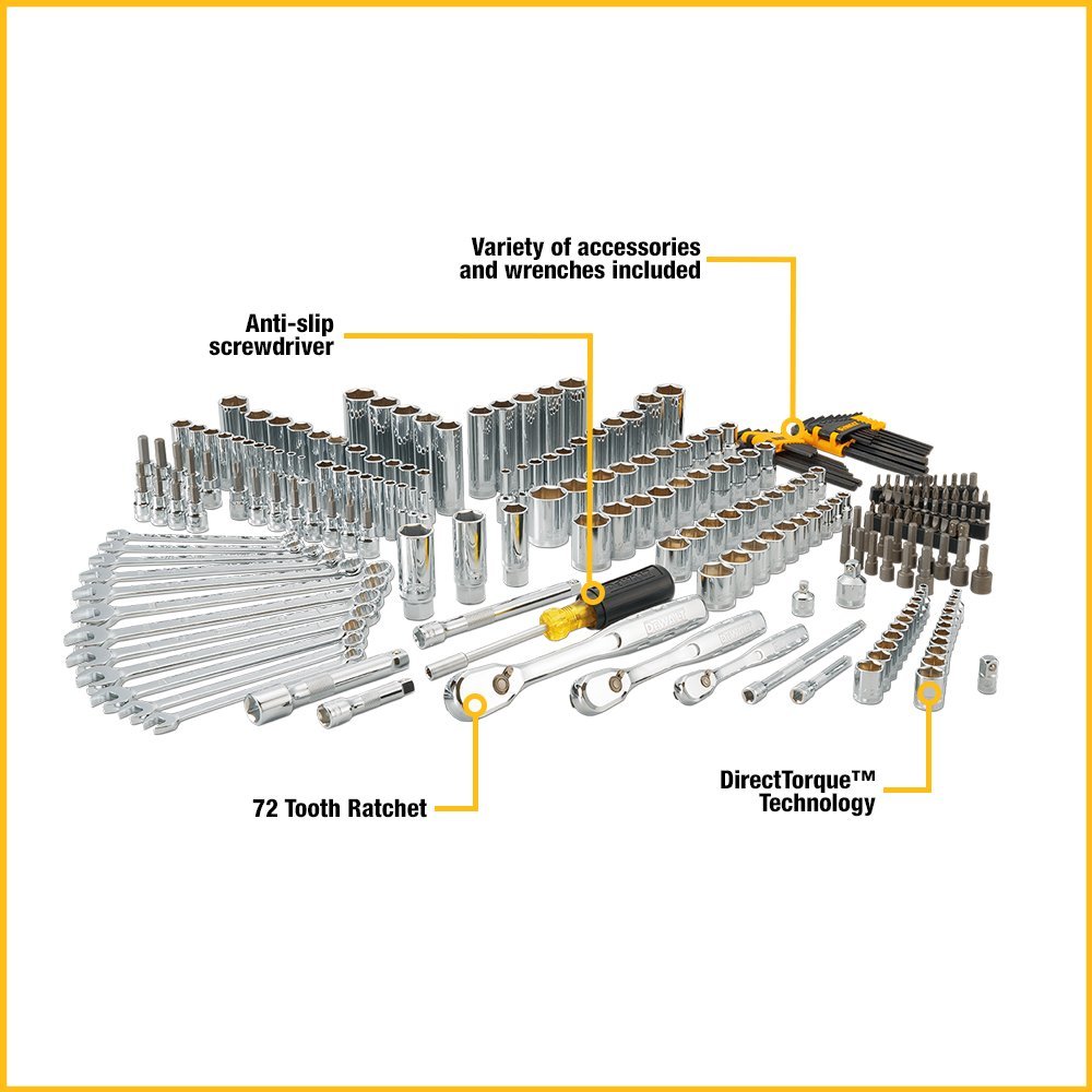 DEWALT Mechanic Tool Set, 247-Piece, 1/4 in., 3/8 in. and 1/2 in. Drive, SAE, Ratchets, Sockets, Hex Keys, Combination Wrenches, Polish Chrome Finish (DWMT81535)