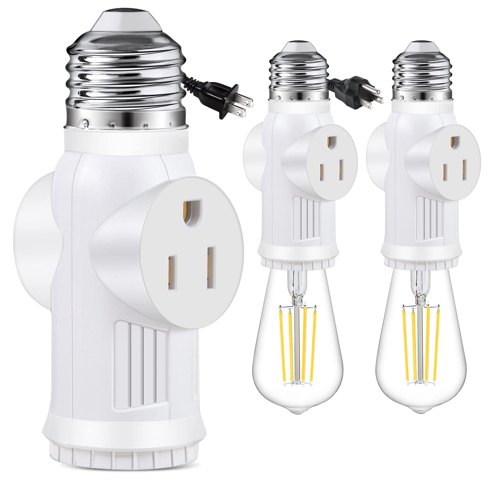 SerBion E26 Light Socket to Plug Adapter - 2 Pack 2/3 Prong Light Socket Outlet - Light Bulb Plug Adapter, Polarized Light Socket Adapter Splitter Converter for Garage Porch (White)